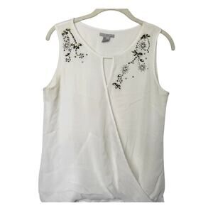 H&M EMBELLISHED SLEEVELESS BLOUSE – SIZE US 8 – WHITE – FLORAL BEADED TRIM
